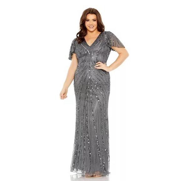 Mac Duggal Dresses & Skirts - Mac Duggal Grey Flutter Sleeve Embellished A-Line Gown Style 5945 Sz 16W Formal